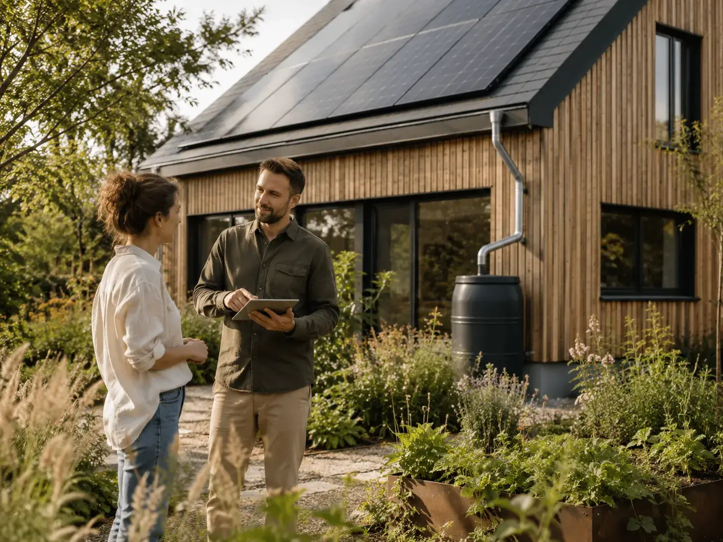 Duurzaamheidsadviseur bespreekt zonnepanelen, regenwateropvang en groene tuin bij een moderne woning