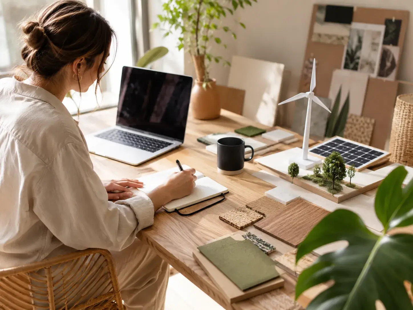 Contentmaker werkt aan duurzame woononderwerpen met een laptop, windturbinemodel en materiaalsamples