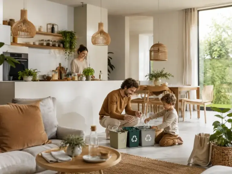 Gezin sorteert afval in een lichte woning met natuurlijke materialen en planten