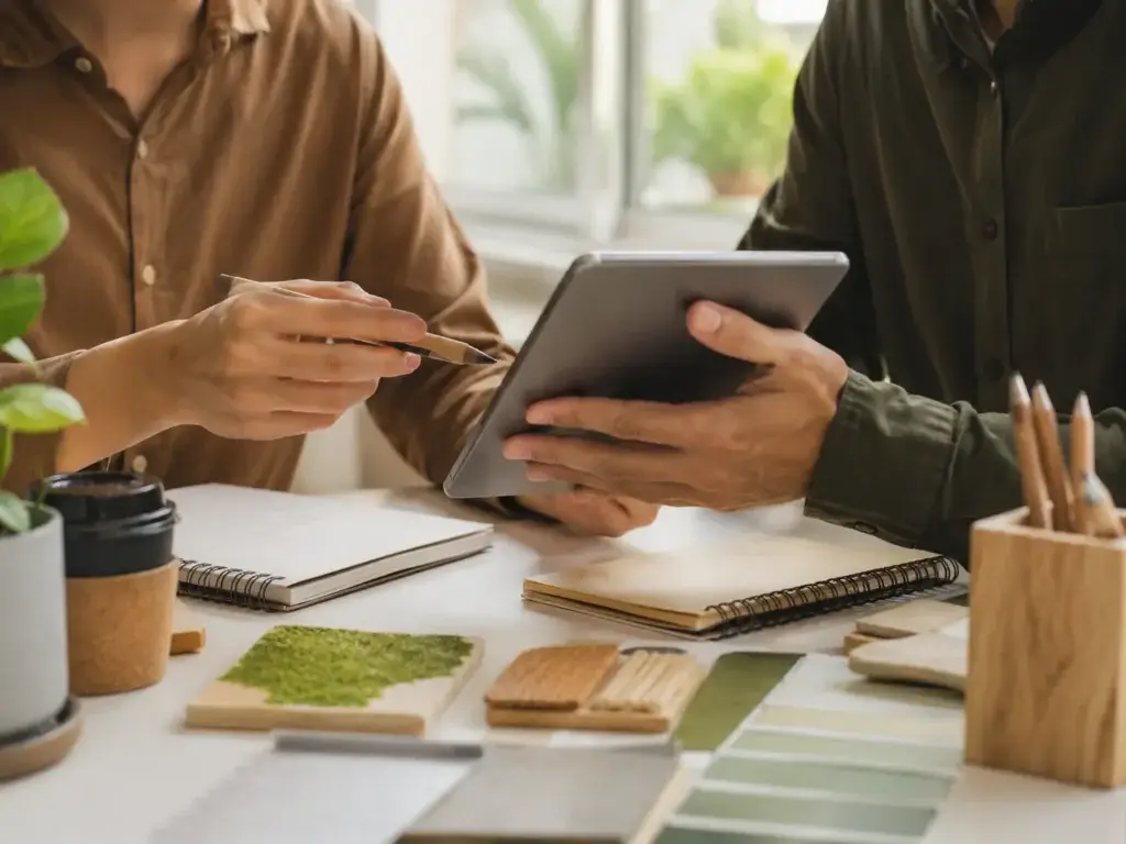 ฟTwee personen beoordelen duurzame materialen en informatie op een tablet aan een werktafel