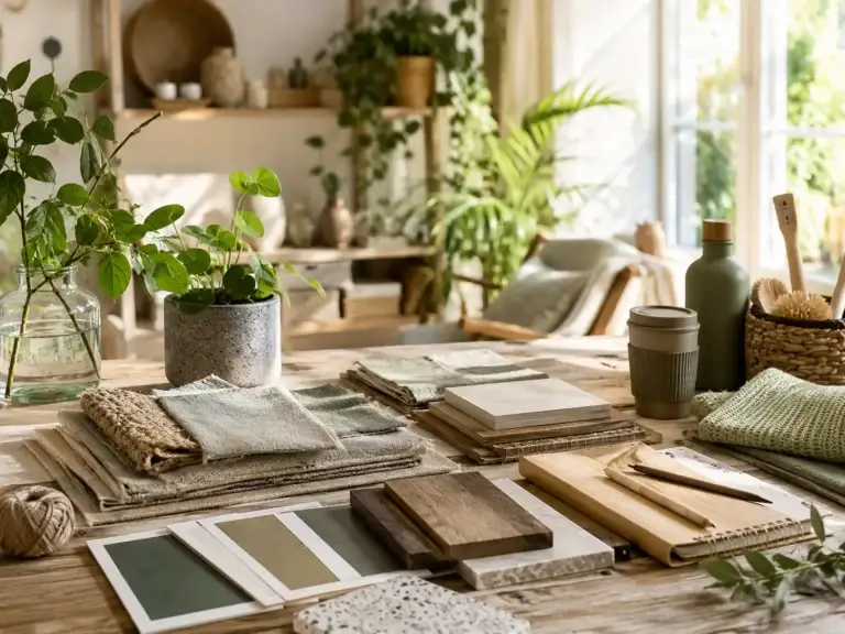 Tafel met duurzame stoffen, houtmonsters, herbruikbare producten en groene planten