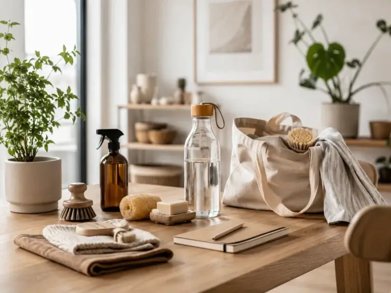 Herbruikbare huishoudelijke producten, natuurlijke schoonmaakartikelen en planten op een houten tafel