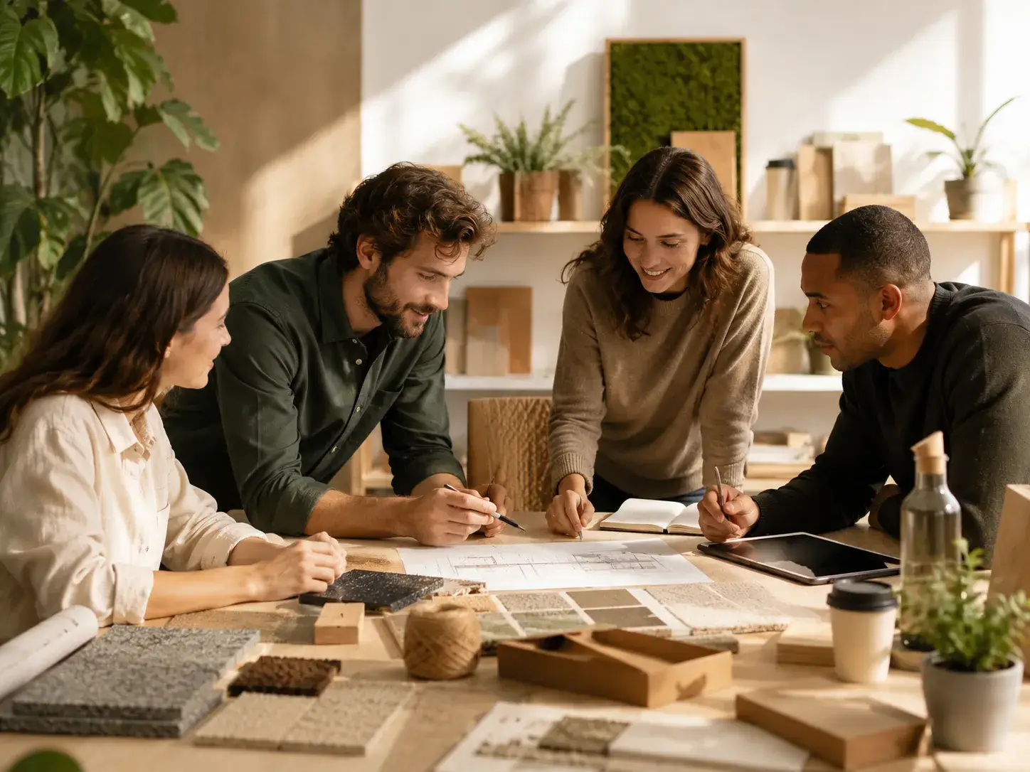 Team bespreekt duurzame woonoplossingen met natuurlijke materialen en projectplannen