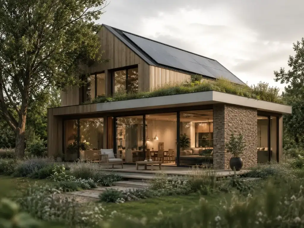 Moderne duurzame woning met zonnepanelen, regenton en een groene moestuin