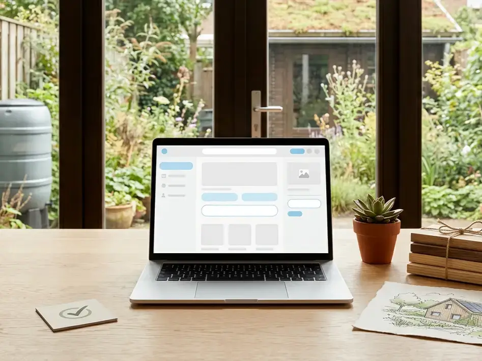 Laptop met aanmeldformulier en duurzame woonmaterialen bij een groene tuin
