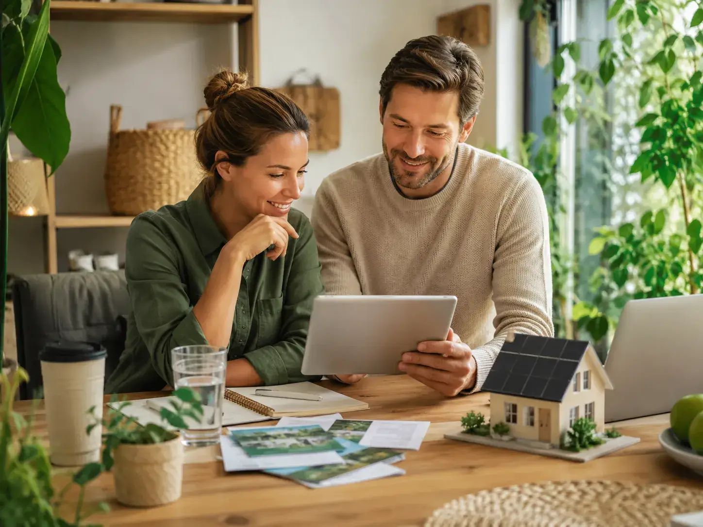 Stel bekijkt informatie over duurzame woonkeuzes op een tablet naast een woningmodel met zonnepanelen