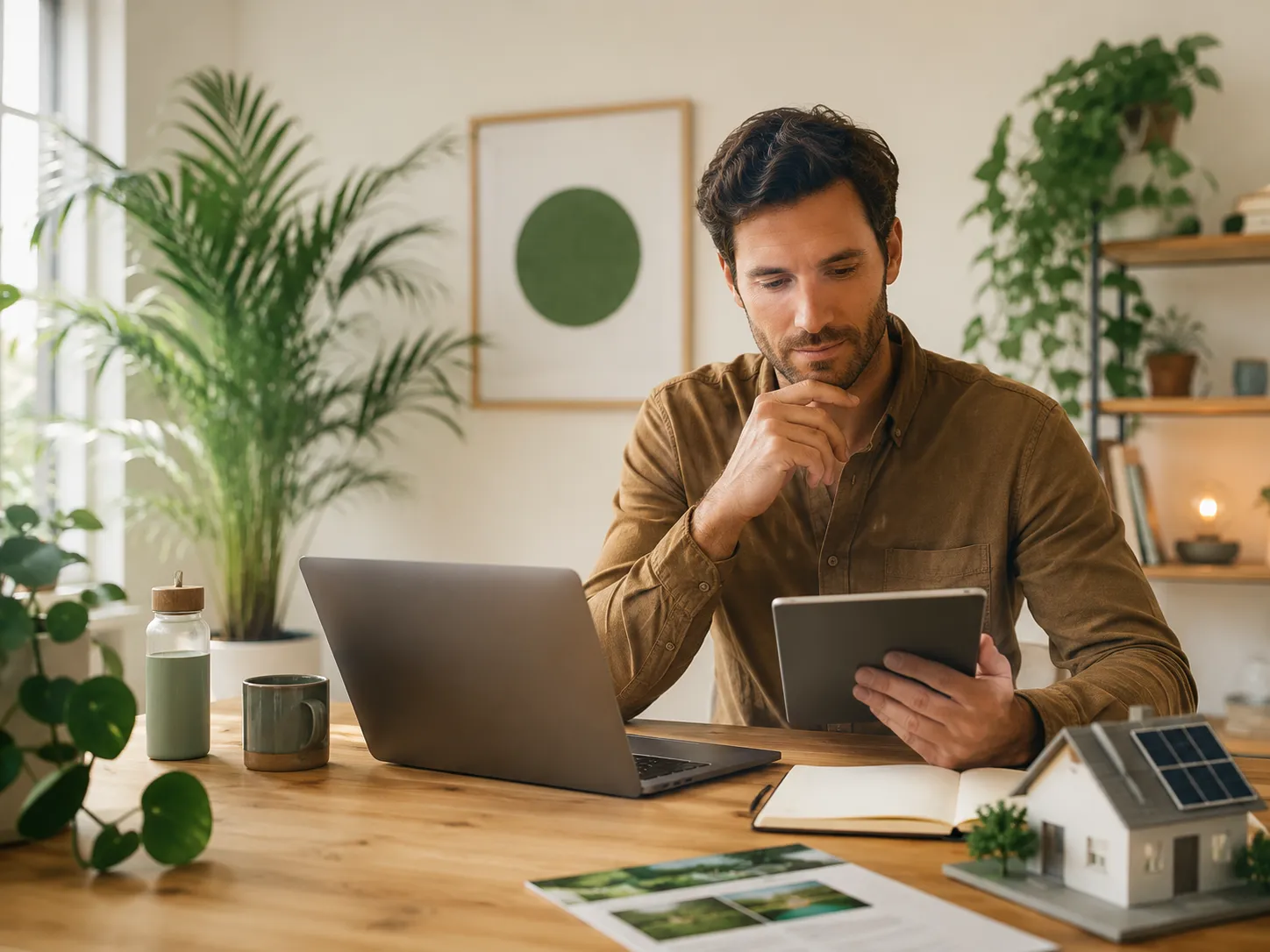 Man vergelijkt duurzame woonopties met een laptop, tablet en woningmodel met zonnepanelen