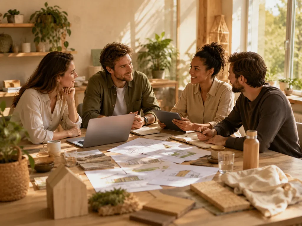 Team bespreekt duurzame woonconcepten met schetsen, laptop, tablet en natuurlijke materialen