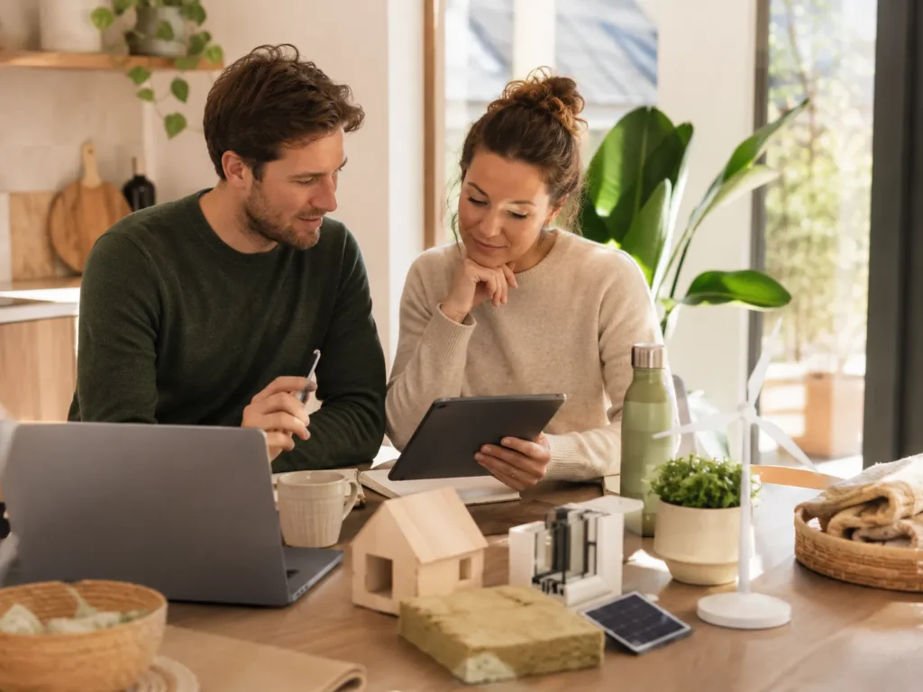 Stel bespreekt duurzame woonkeuzes met een tablet, woningmodel, isolatiemateriaal en voorbeelden van zonne- en windenergie